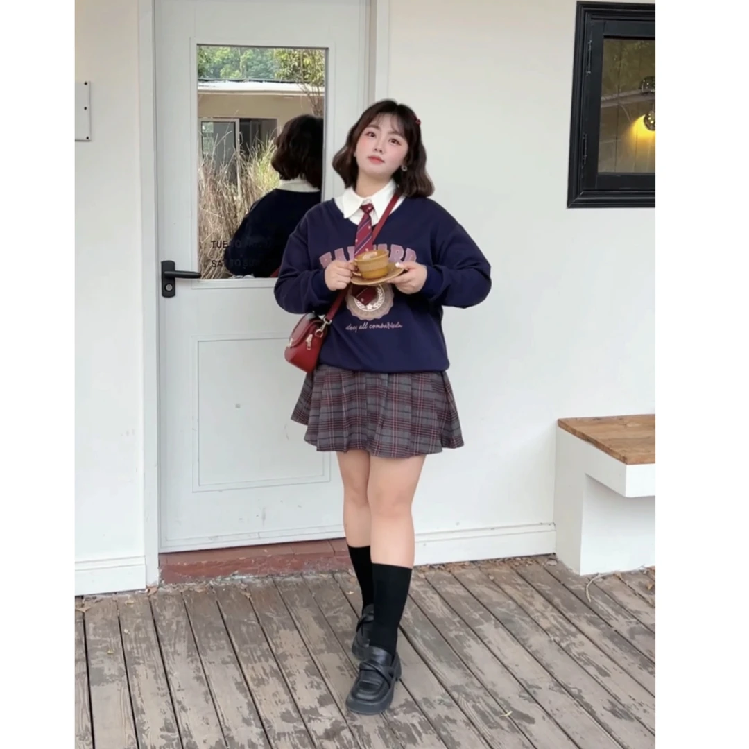 【美式学院】大码女装卫衣女秋冬新款宽松复古假两件长袖上衣外套