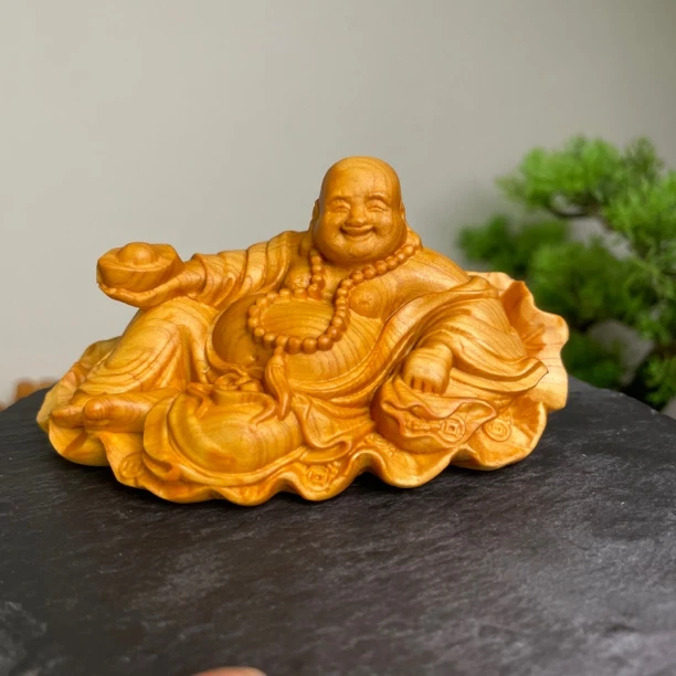 太行柏木雕大肚弥勒佛车载手把件和气顺风顺水家居中式客厅摆件