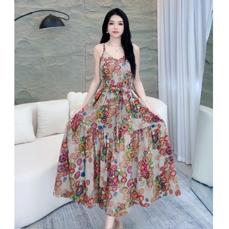 （红色花朵）V领吊带碎花裙连衣裙沙滩花裙法式气质显瘦洋气大摆裙