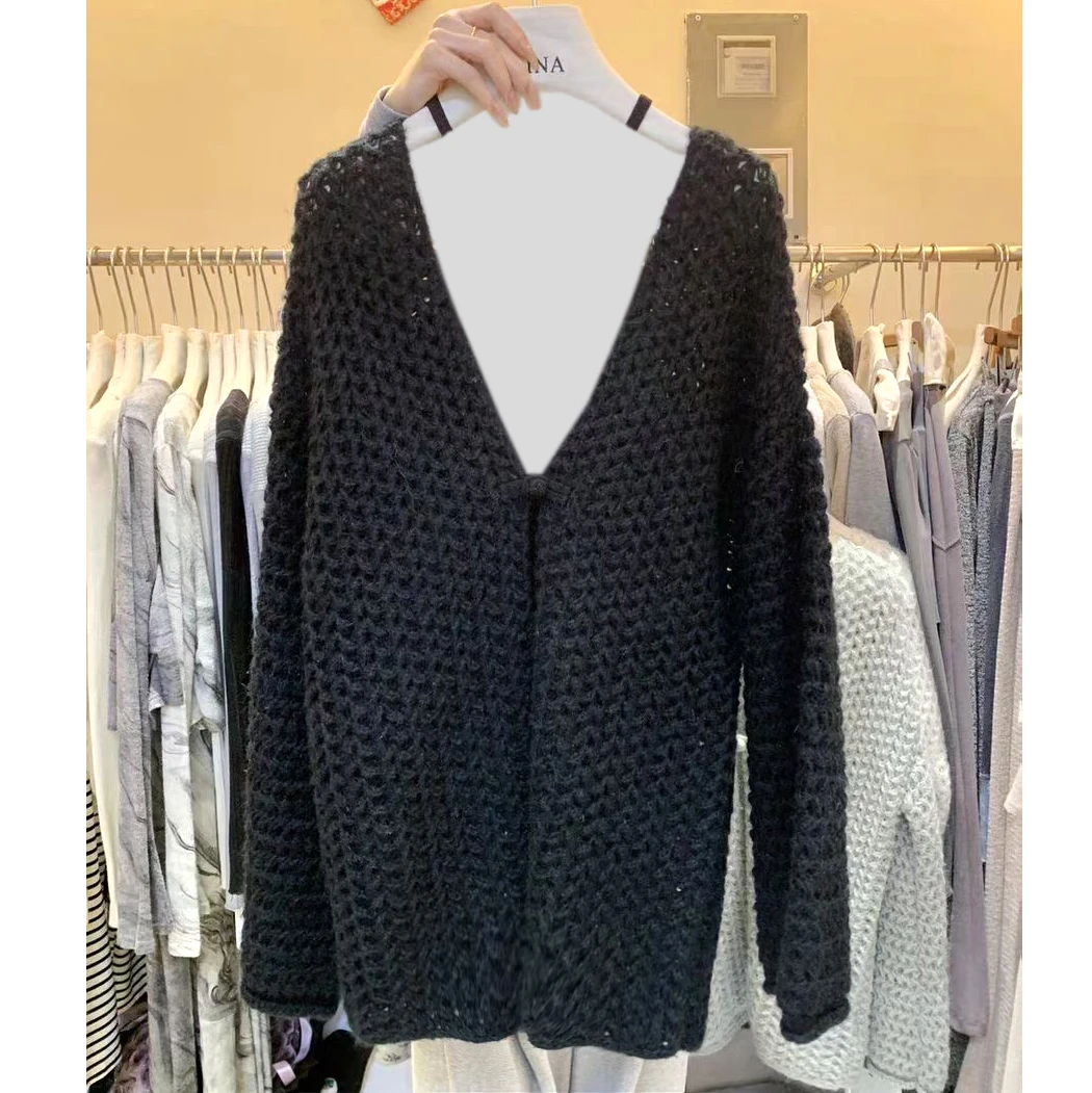 秋季新款镂空毛衣针织开衫中长款女外套宽松外搭黑色（衣长66）