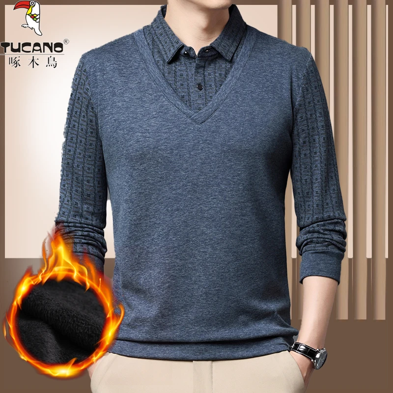 TUCANO/啄木鳥中年男士秋冬季保暖舒适加绒绵羊毛打底长袖针织衫