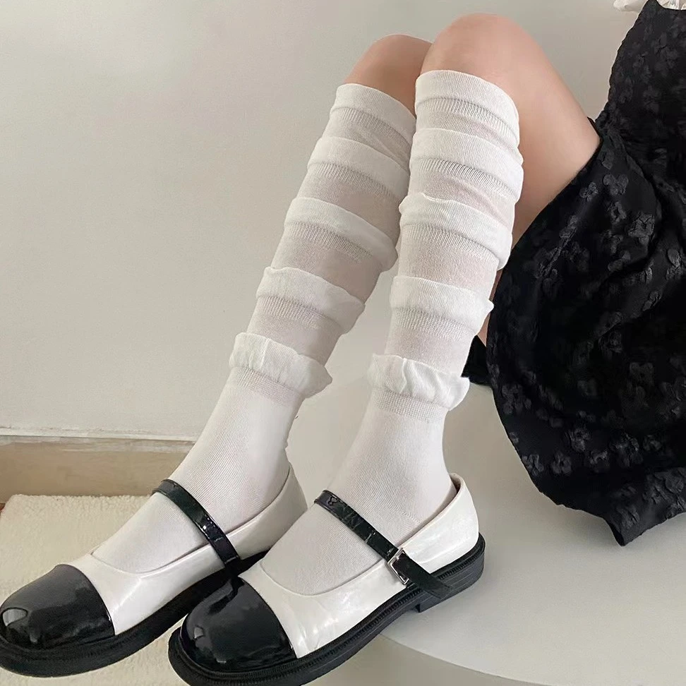 白色拼接泡泡口小腿袜多层花边装饰堆堆宽松中筒miu风复古芭蕾风