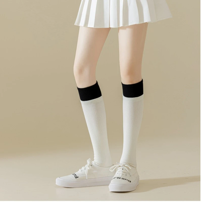 黑白双罗口拼色运动风压力小腿袜显瘦jk学院风撞色及膝袜