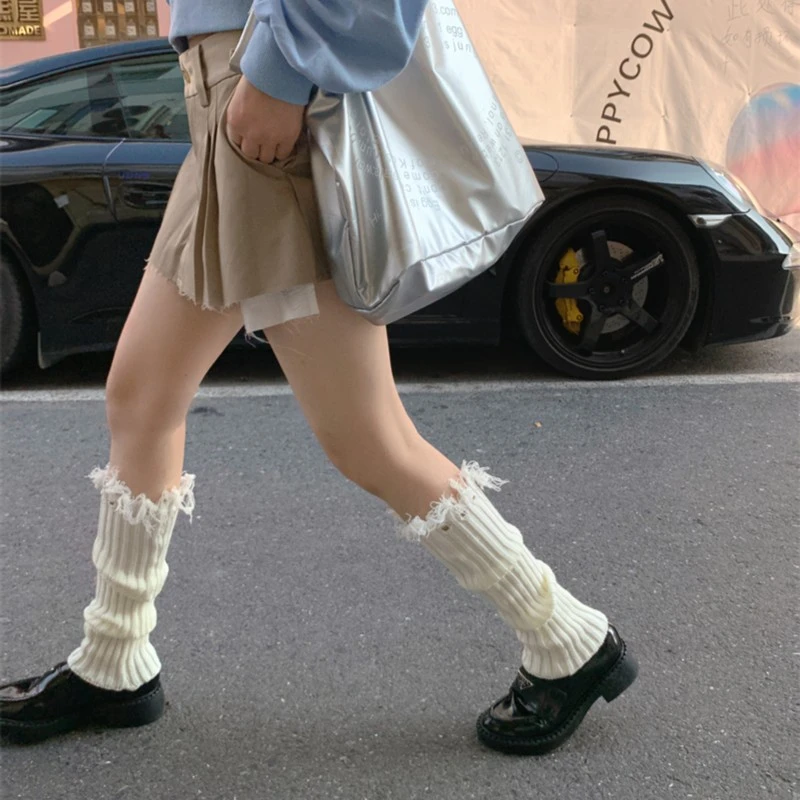 白色个性破洞流苏腿套千禧年辣妹风针织堆堆袜套小腿jk少女y2k