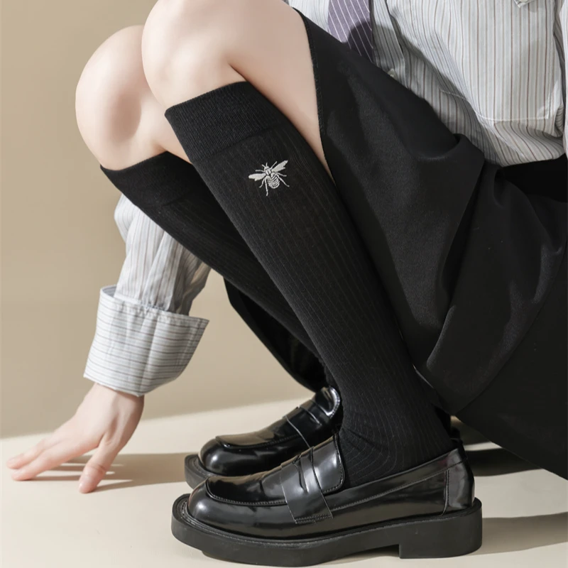 黑色学院风蜜蜂刺绣竖条纹白色小腿袜棉质堆堆长筒及膝袜jk少女