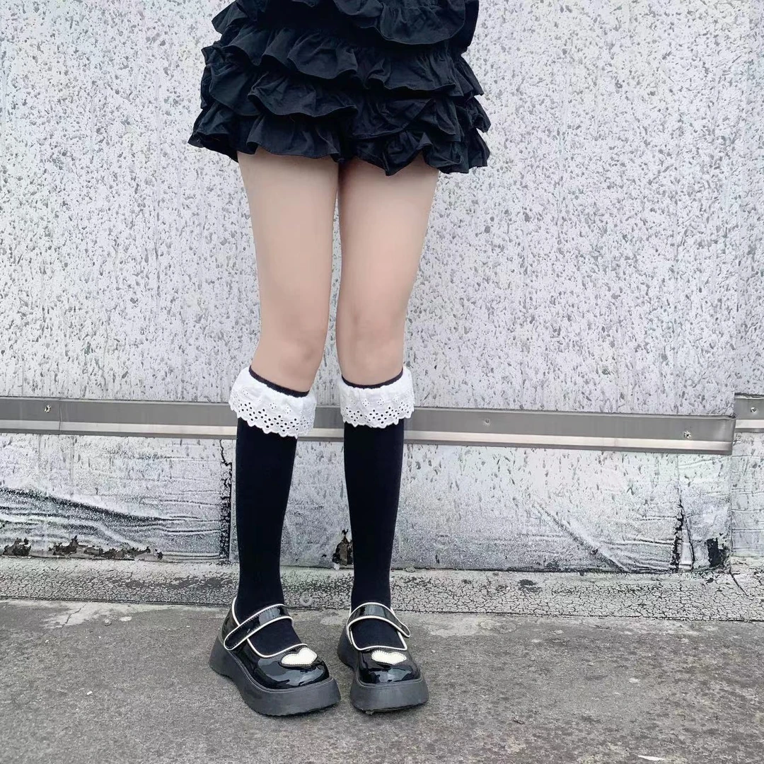 韩国东大门网红同款绣花大花边棉小腿袜黑色日系少女Lolita白色jk