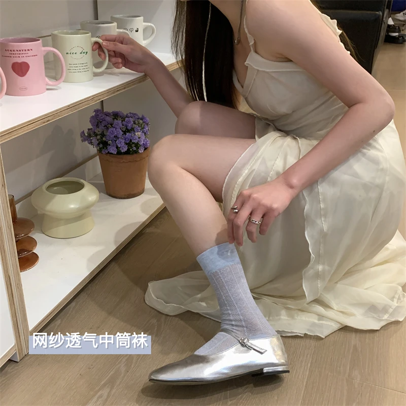 【3双装】糖果色夏季薄款中筒袜爱心镂空奶白色短筒堆堆袜jk少女