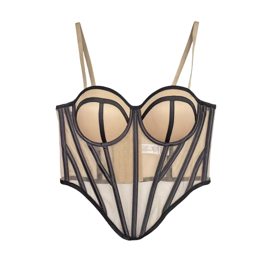 【几何图案】欧美辣妹性感御姐风鱼骨胸衣纯欲透气渔网纱撞色吊带