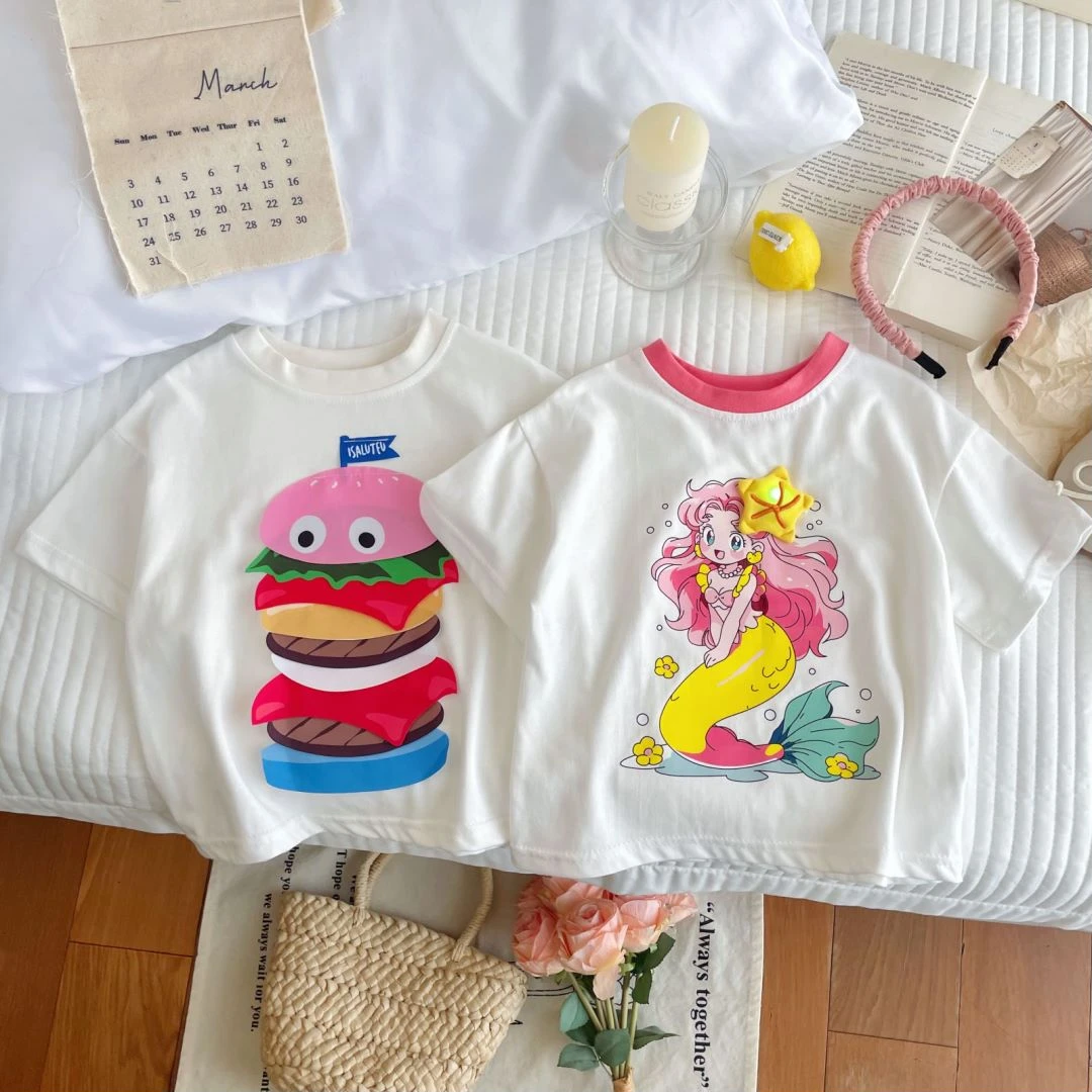 儿童2024夏季新款纯棉汉堡短袖美人鱼亮灯T恤上衣韩版宽松可爱