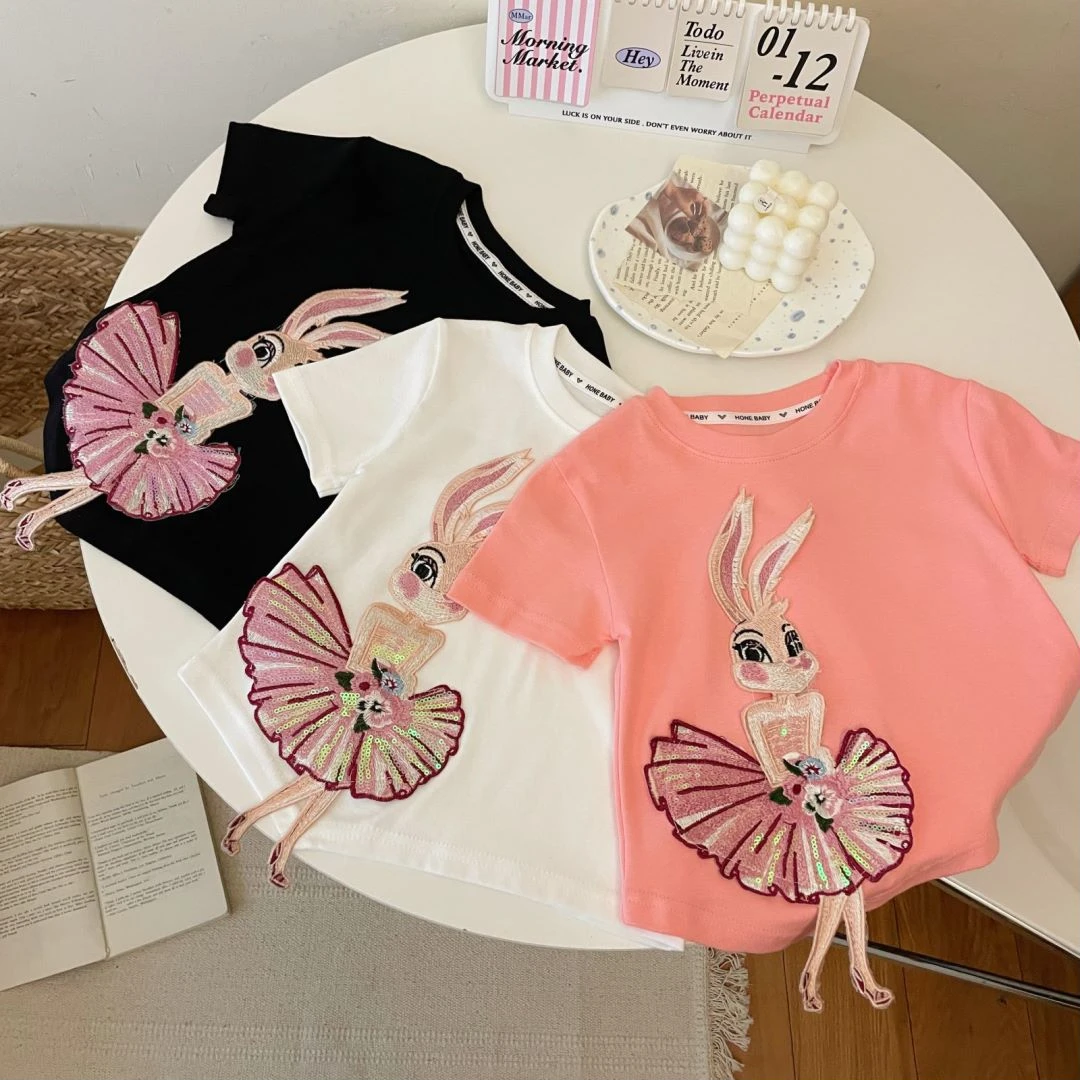 儿童兔兔立体夏季新款T恤女宝宝卡通图案休闲百搭薄款短袖上衣