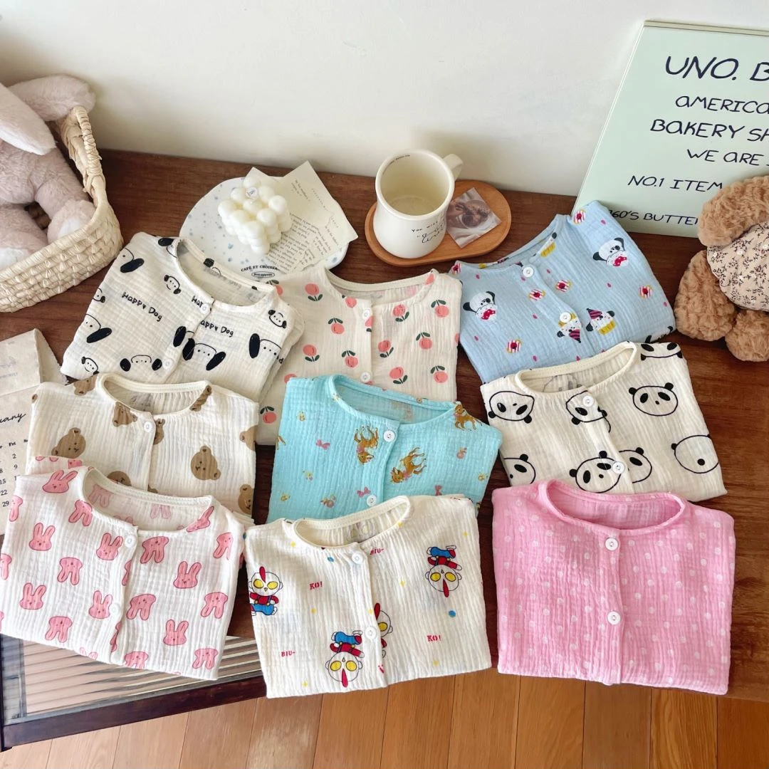 2025春季韩版棉纱家居服男女童百搭两件套新款韩版套装