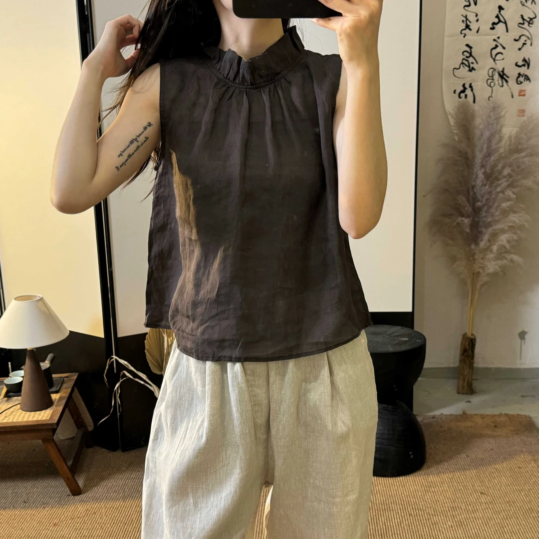 半自由夏季新款花边领打底背心女上衣立领打底衫木耳边无袖衬衫