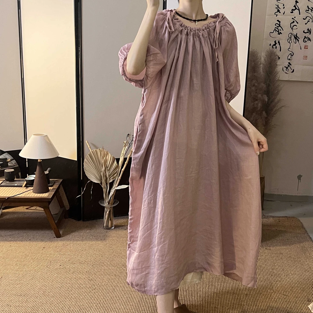 半自由夏季新款抽绳麻花领设计款裙子通勤宽松显瘦灯笼袖连衣裙