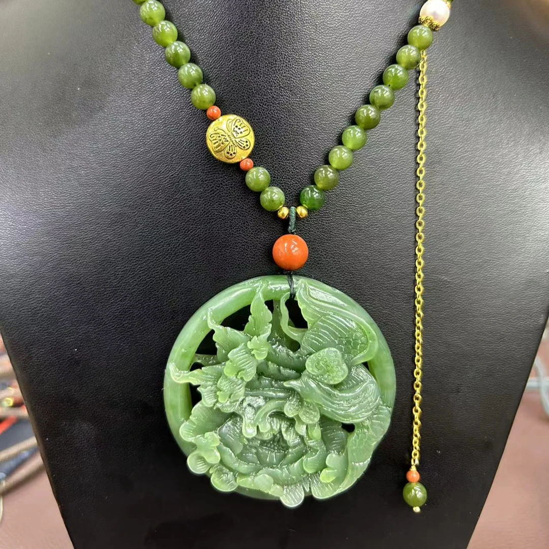 和田碧玉 凤栖牡丹 花开富贵 双面工艺 镂空挂件（多样性发货发一）