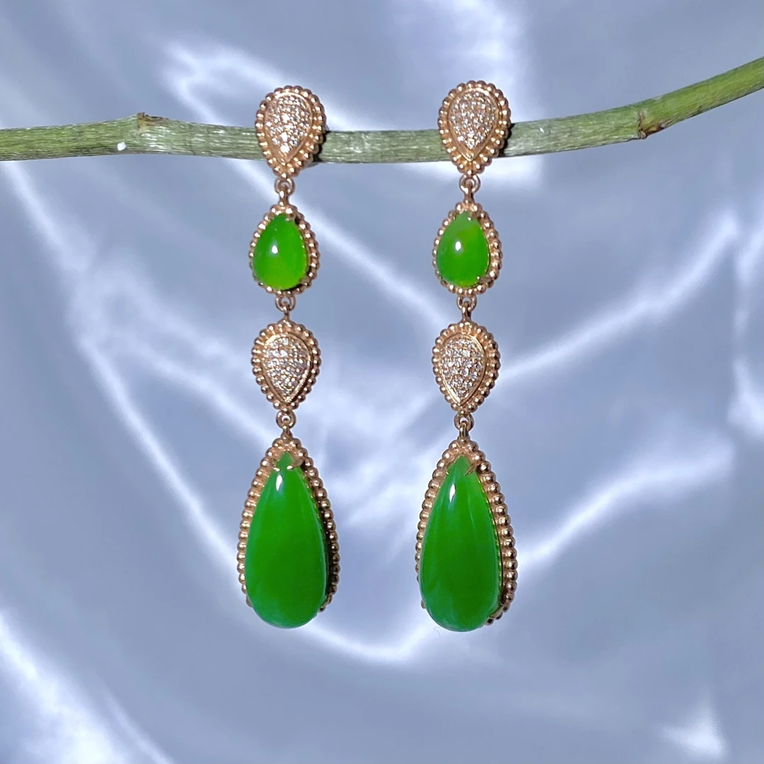 18k玫瑰金镶嵌天然和田碧玉苹果绿水滴耳钉长款玉石耳饰