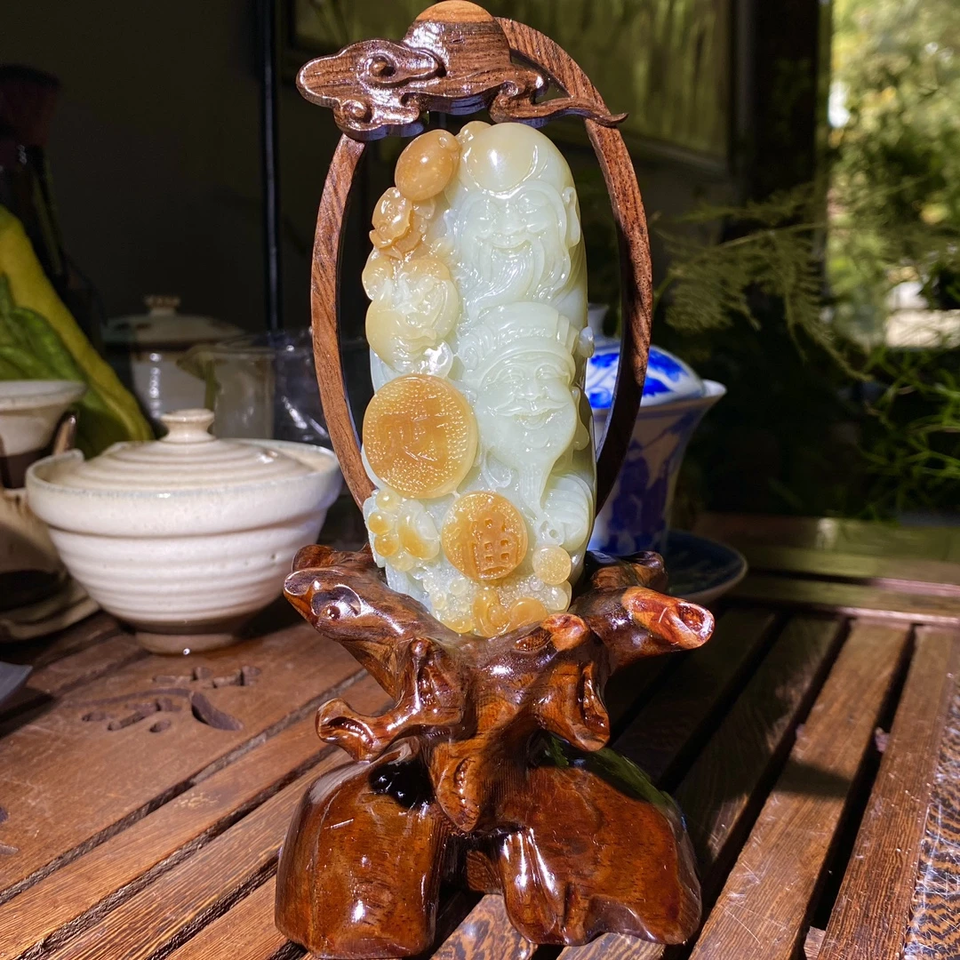 天然和田玉且末糖白福财双至摆件仙翁财神手把件好寓意礼品