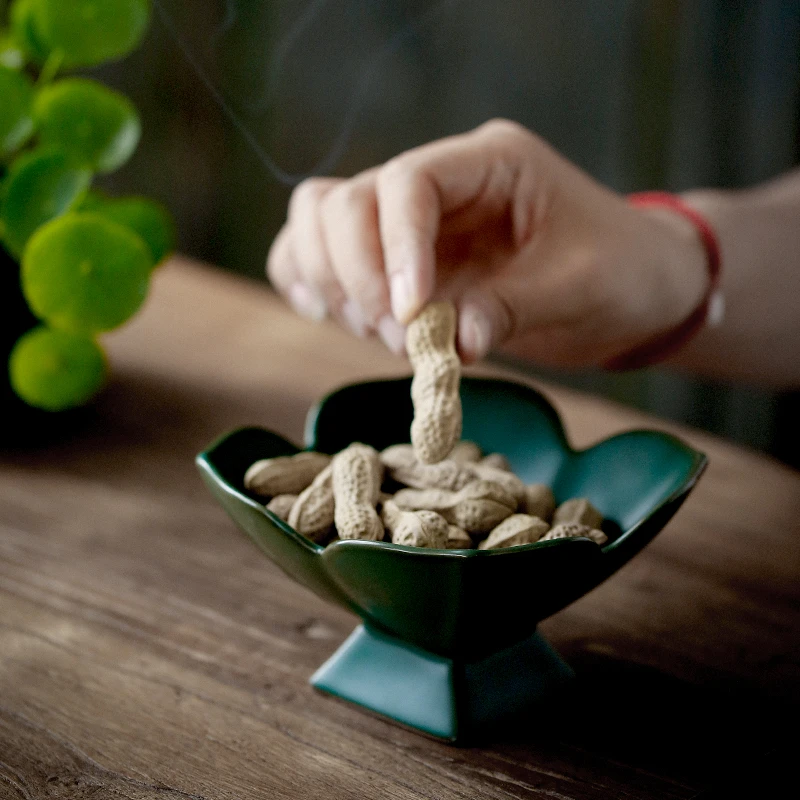 中式家用高脚水果盘陶瓷点心碟创意茶点盘复古果碟茶道零配零食盘