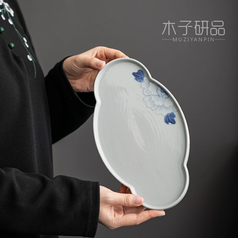 纯手绘牡丹托盘家用陶瓷茶盘壶承创意点心盘中式茶具复古干泡台
