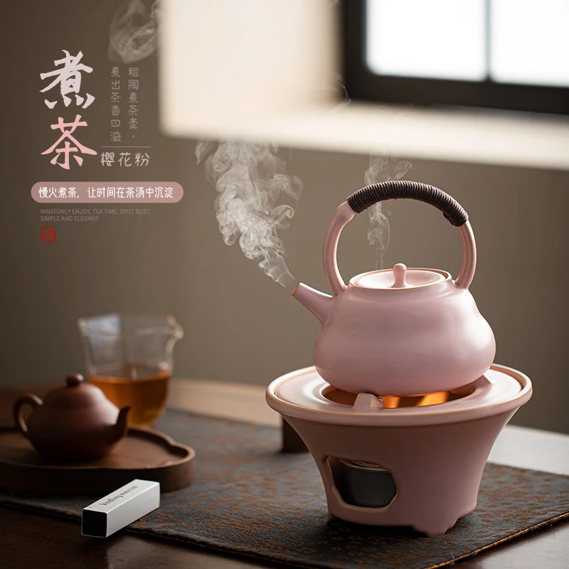 户外围炉煮茶炉明火煮茶壶粉色提梁烧水煮茶器酒精炉燃料茶炉炭炉