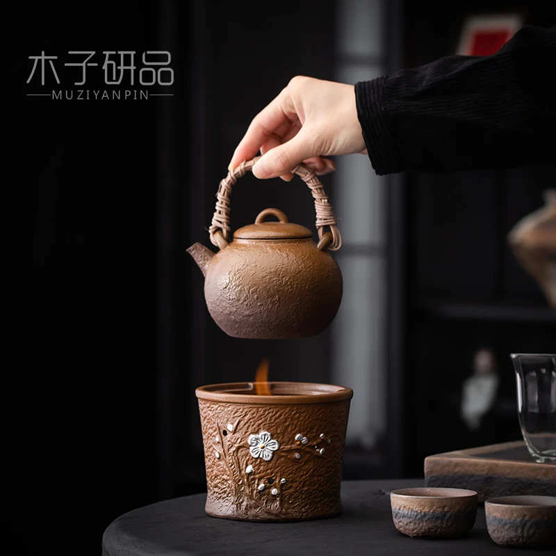 复古粗陶藤编提梁壶黄陶单壶可干烧电陶炉煮茶器陶瓷酒精加热茶炉