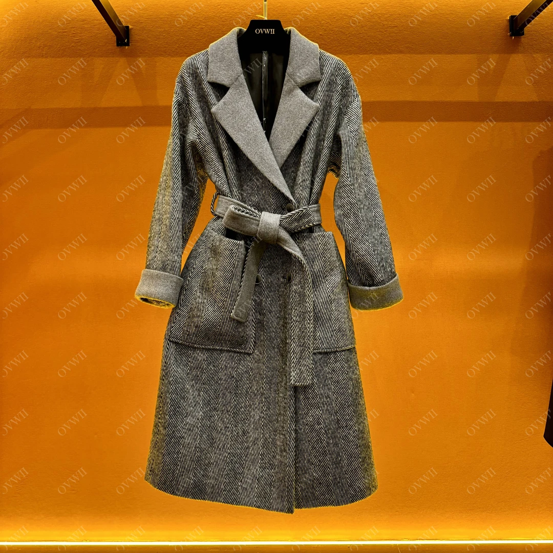 冬淼兰22【OVWII】经典时尚人字纹毛呢大衣外套（XH664）气质女装