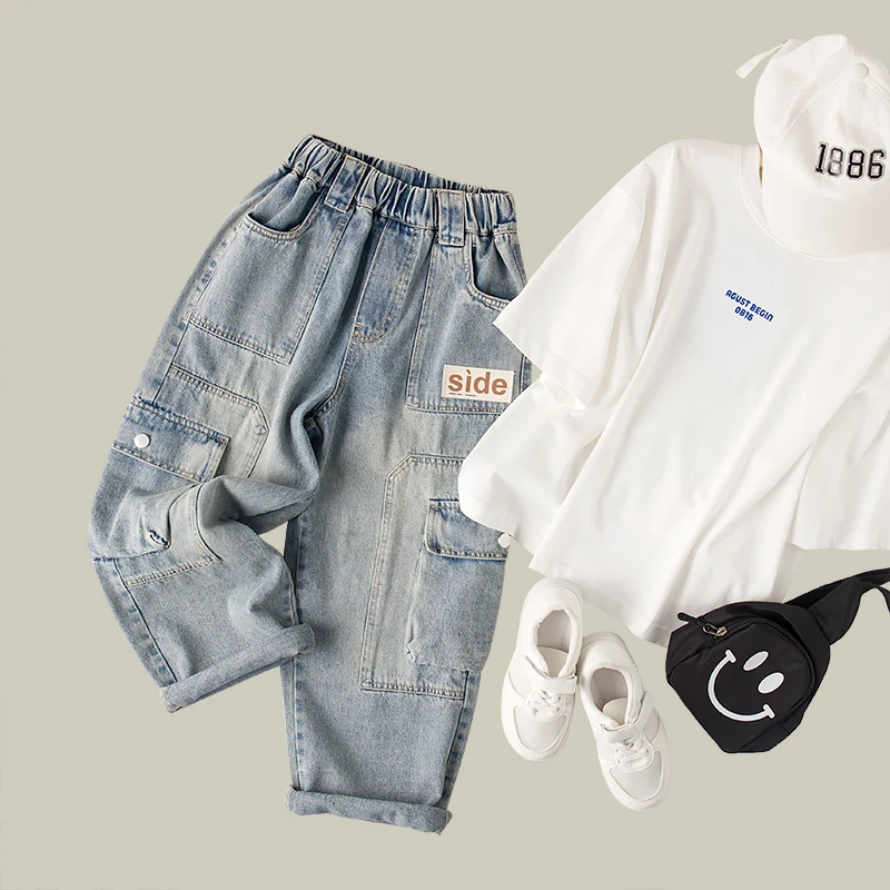 吴小越w355男童牛仔裤春季儿童工装多口袋时髦中大童装帅气男孩春