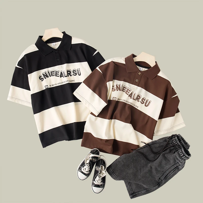 吴小越w398新品夏季儿童短袖t恤儿童条纹字母上衣韩系百搭翻领