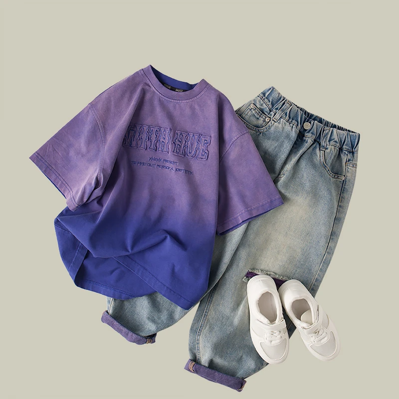 吴小越w404男童短袖T恤2024款砂洗吊染上衣儿童T恤纯色圆领