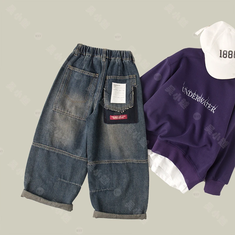 吴小越w613男童牛仔裤拼接贴标痞帅男孩秋装新款长裤春秋款大童直