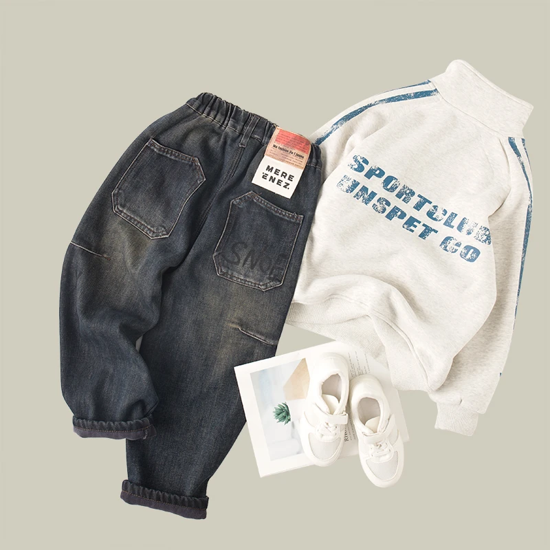 吴小越w694男童韩版贴标加绒牛仔裤痞帅男孩秋装新款长裤春款大童