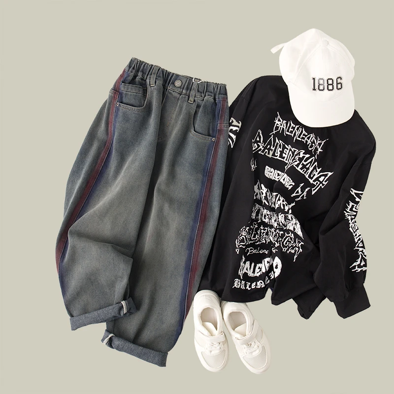 吴小越w631男童牛仔裤喷色拉条痞帅男孩秋冬新款长裤加绒款大童