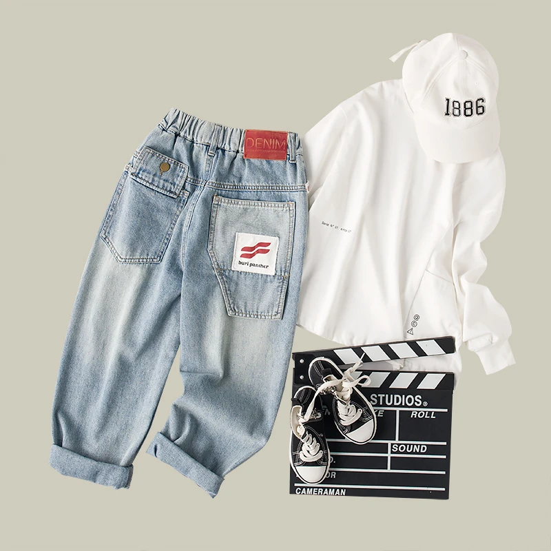 吴小越w325男童牛仔裤春季儿童绣花贴标中大童装帅气男孩春秋款