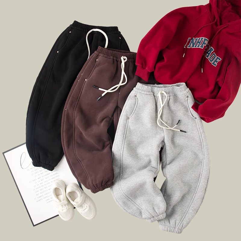 吴小越W896男童卫裤加绒裤子冬款儿童长裤卫裤休闲束脚运动裤