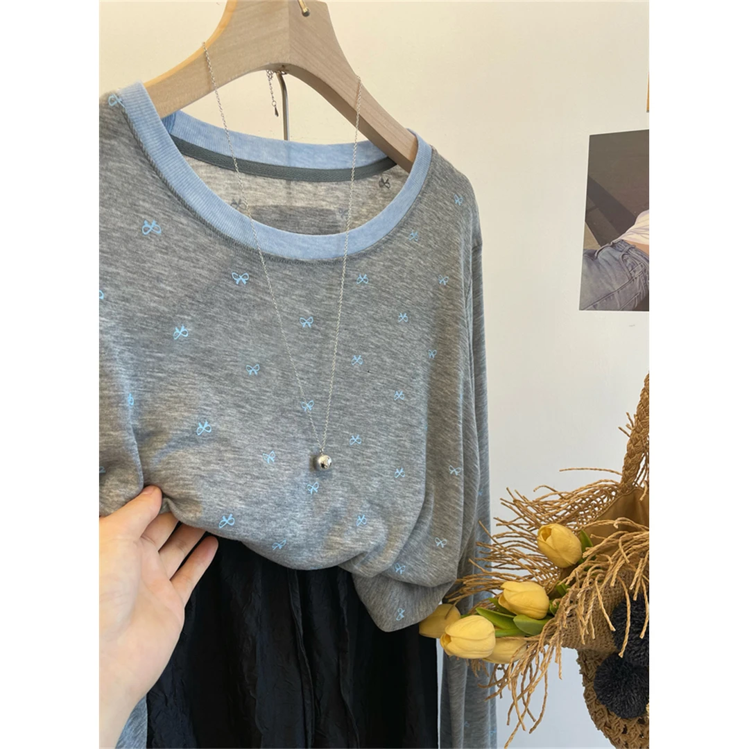 2024春夏新款撞色蝴蝶结设计长袖T恤女时尚面膜冰丝圆领防晒上衣