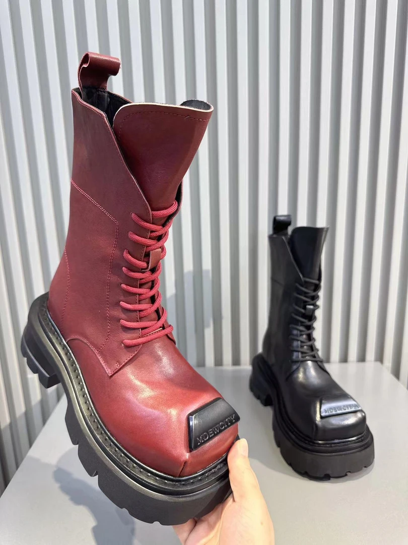 真皮复古粗跟厚底加绒马丁靴时尚街头松糕底工装靴