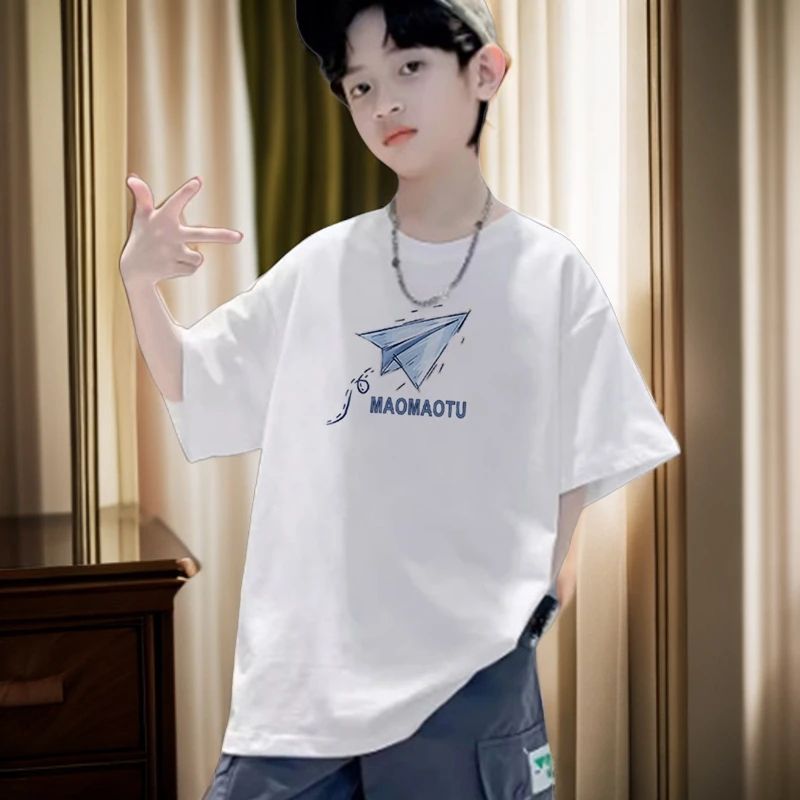 男童短袖t恤夏季新款中大童装儿童纯棉男孩宽松休闲半袖白色上衣