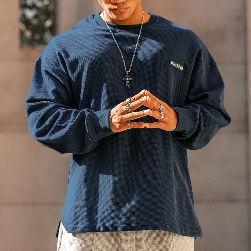 MUSCLEFAITH320g重磅运动长袖t恤男卫衣华夫格健身美式打底衫外穿