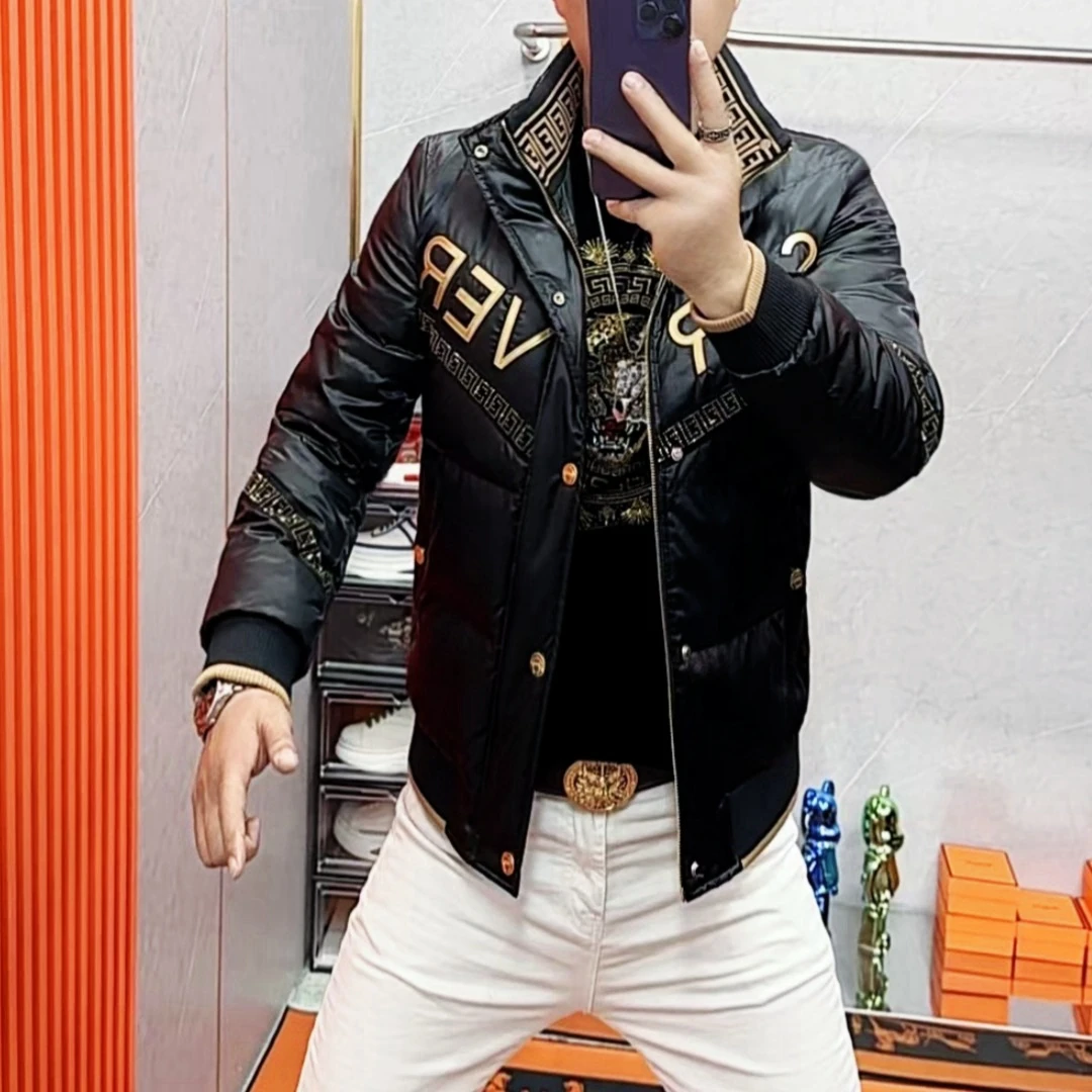 阿伟家冬季新款男士保暖刺绣羽绒服外套青年百搭时尚外套立领夹克