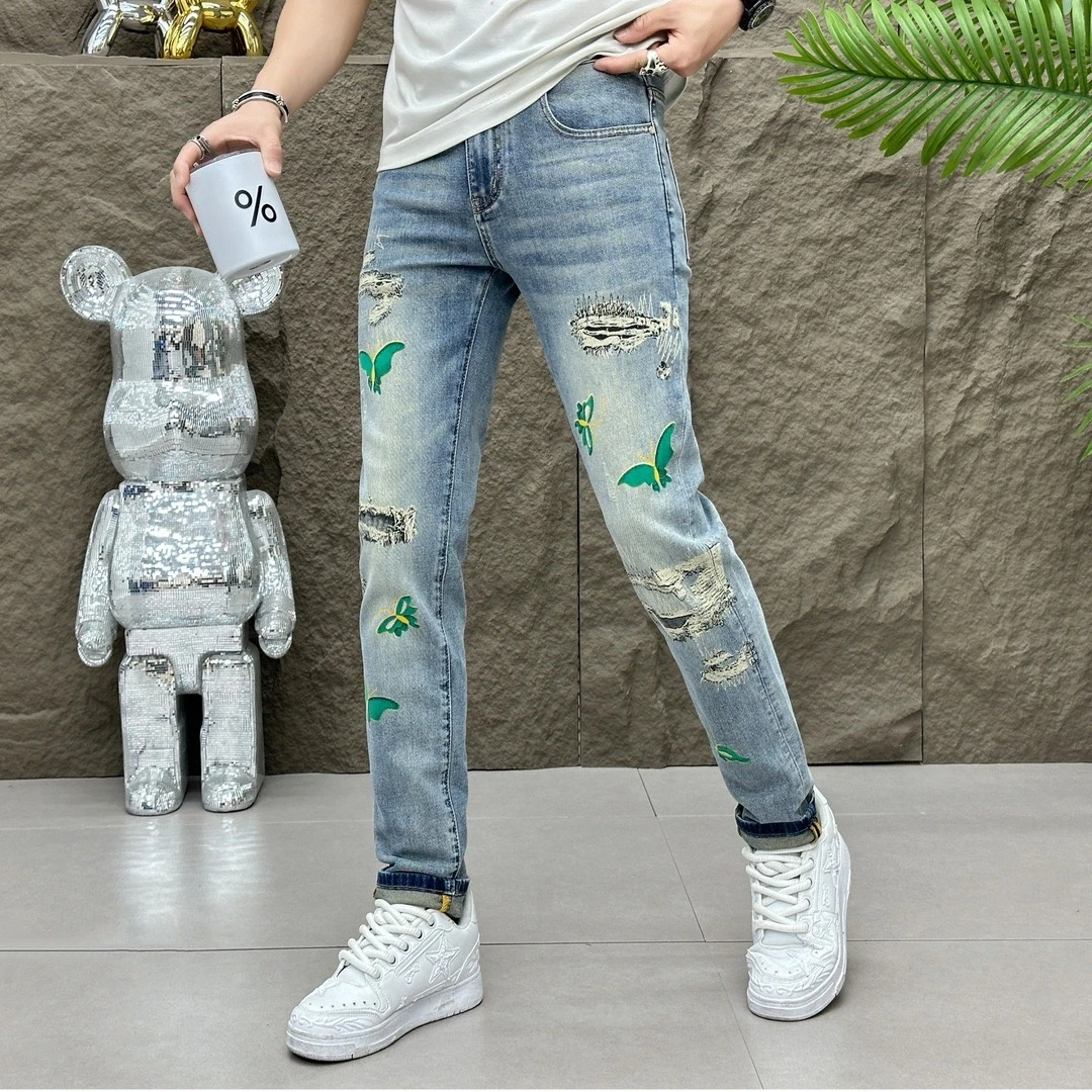 阿伟家夏季男士时尚印花浅色百搭牛仔裤青年韩版修身弹力小脚裤潮