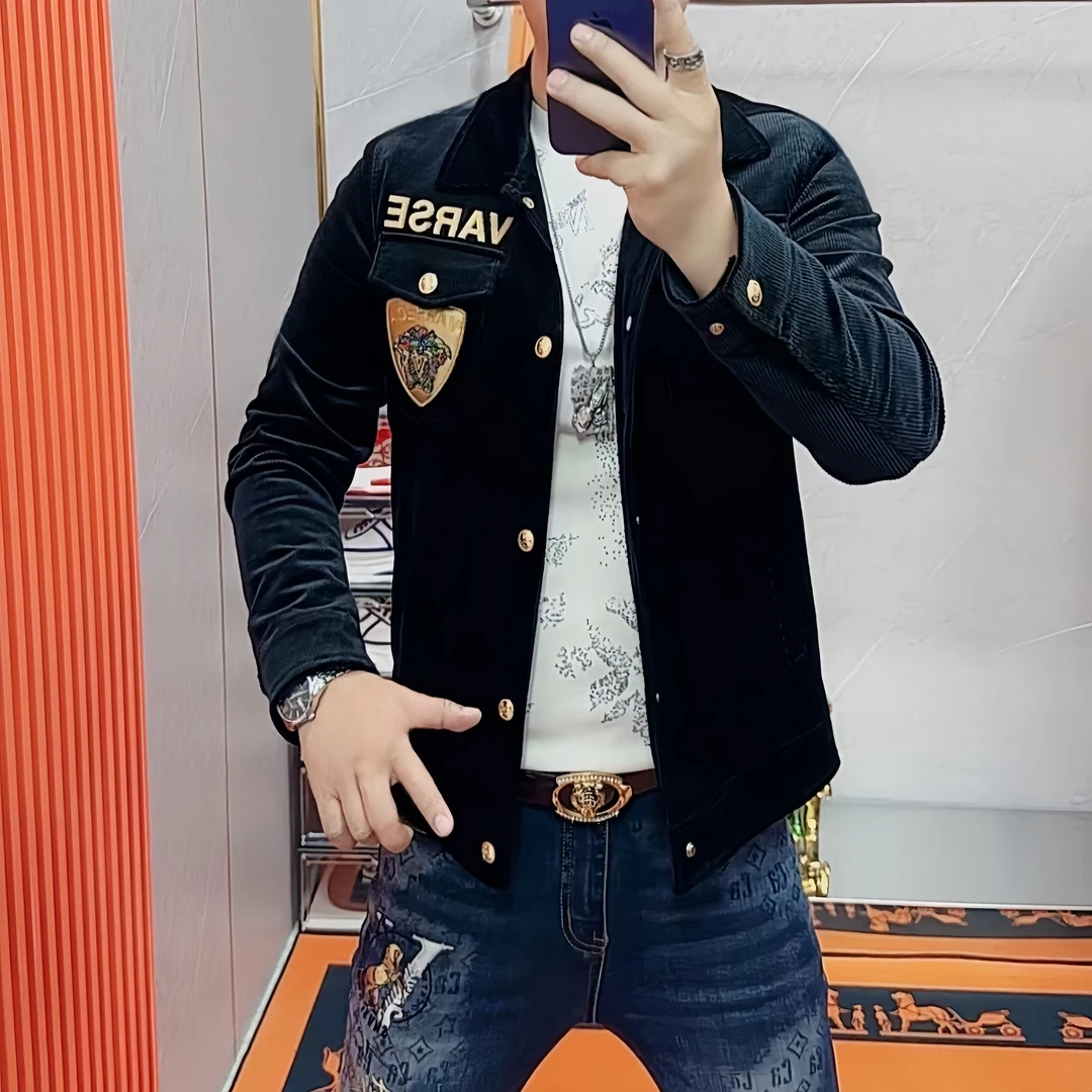 阿伟家秋冬男士韩版修身潮牌外套重工刺绣青年薄棉翻领灯芯绒夹克