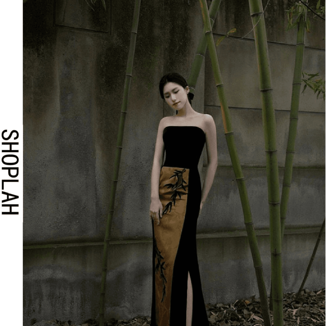 SHOPLAH晨袍女礼服高端轻奢小众新中式国风禅意抹胸连衣裙新长裙