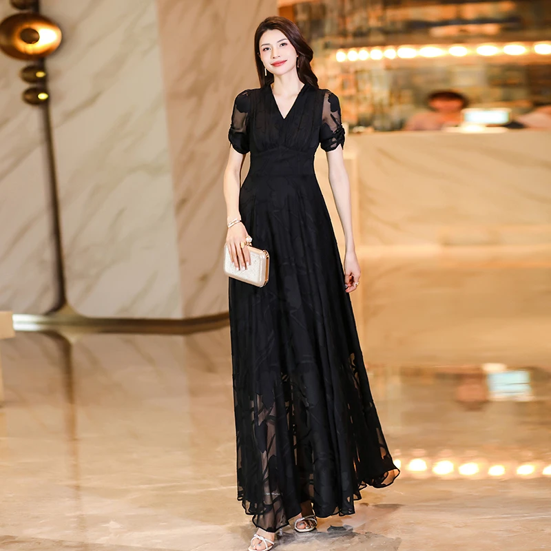 黑色提花雪纺连衣裙2024夏女高端显瘦夏新款雪纺超长到脚踝大摆裙
