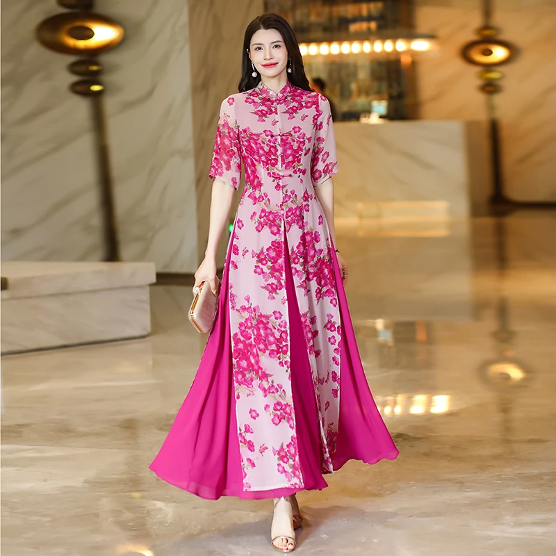 新中式国风连衣裙复古夏装2025新款轻奢气质显瘦裙子女夏奥黛长裙