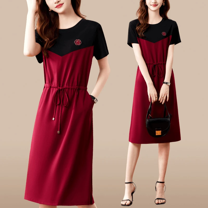 收腰显瘦连衣裙女夏季2025年新款时尚圆领休闲过膝中长裤抽绳裙子