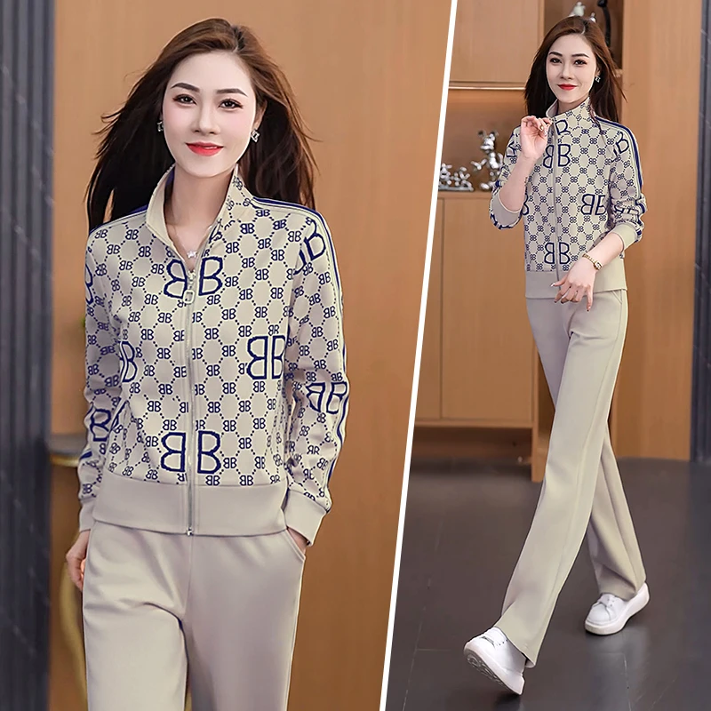 中年开衫运动服套装女2025春夏季洋气时尚大码立领显瘦休闲两件套