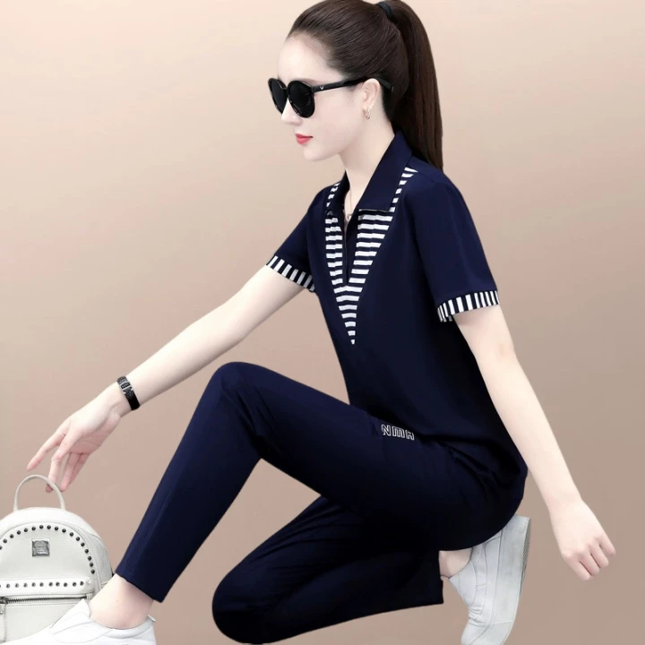 休闲运动服套装女2025新款洋气薄款大码短袖夏装拼接跑步两件套女