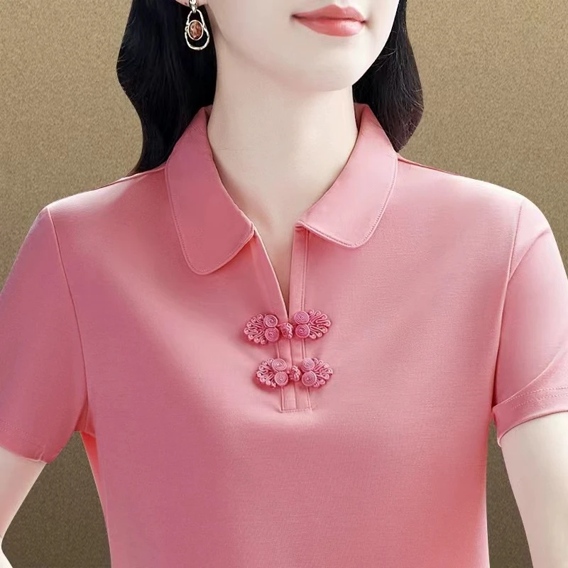 时尚新中式短袖t恤女夏季2025年新款洋气女士夏装POLO衫翻领上衣