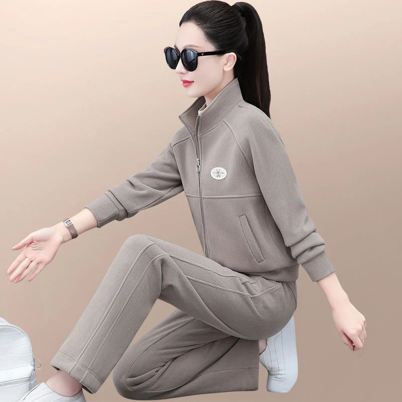 加绒加厚运动套装女秋冬2023新款时尚中年妈妈立领卫衣跑步休闲服