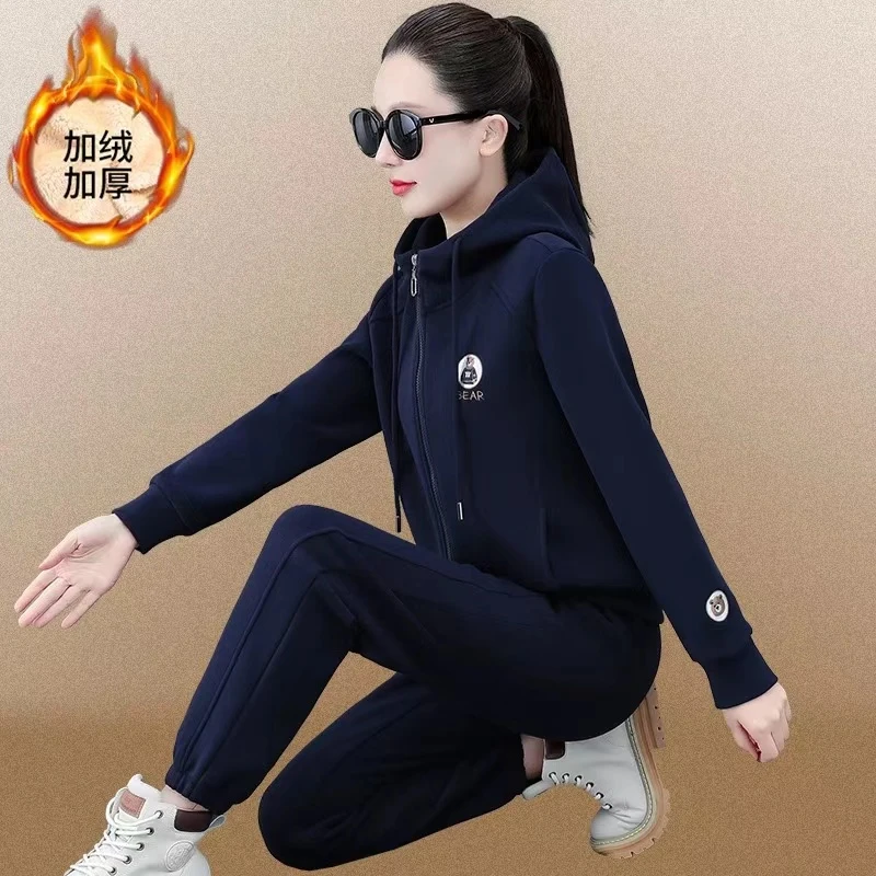 加绒运动服套装女秋冬季2025新款时尚连帽卫衣洋气跑步休闲两件套