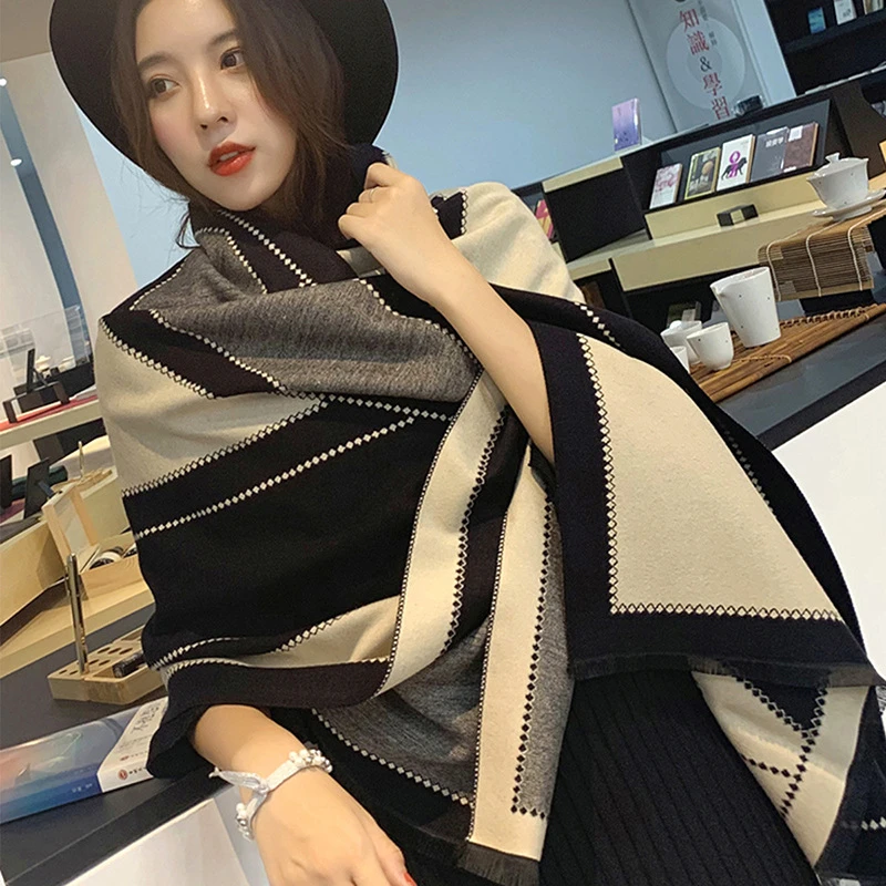 韩版大V仿羊绒双面围巾围脖女百搭长款高档保暖空调加厚披肩两用